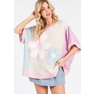 "The Luna" Oversized Waffle Knit Floral Patch Colorblock Top